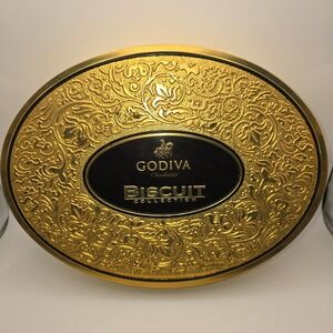 Vtg Godiva Chocolatier Biscuit Collection Gold Embossed Filigree Metal Tin Box